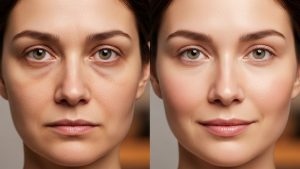 Comparison of tired skin with dark circles versus well-rested glowing skin showing effects of sleep cycles