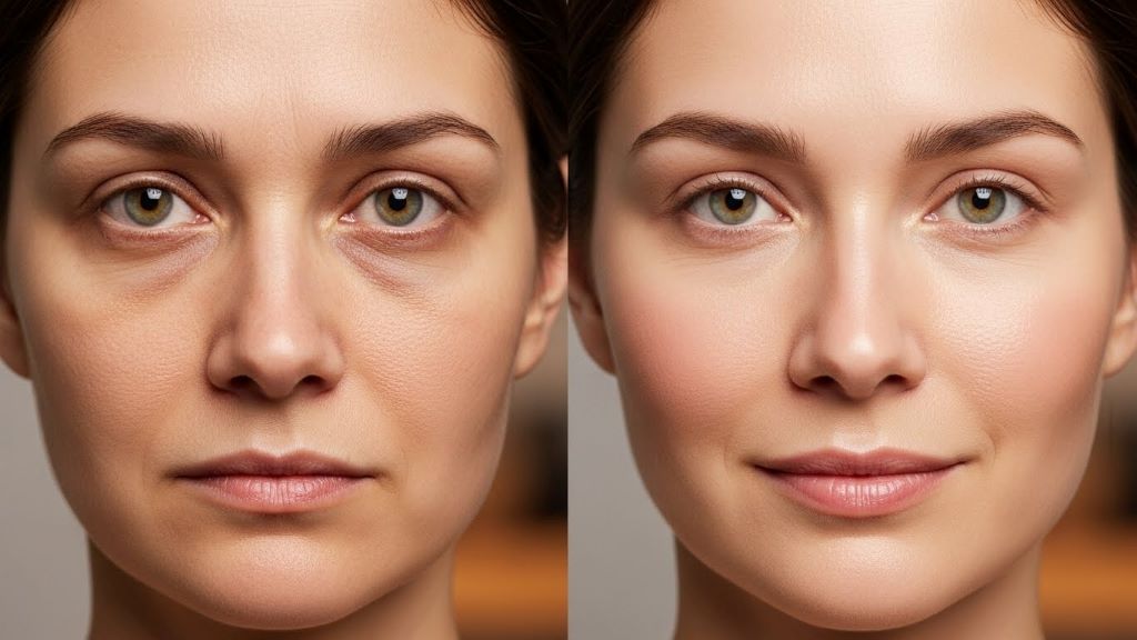 Comparison of tired skin with dark circles versus well-rested glowing skin showing effects of sleep cycles