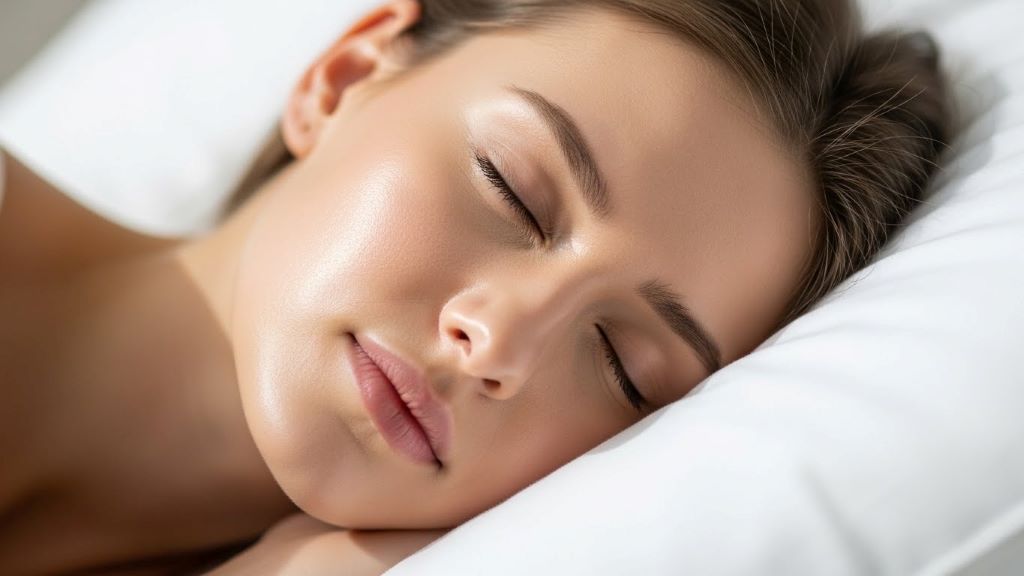 Woman sleeping peacefully on white pillow showing relaxed facial skin and natural radiance from quality rest
