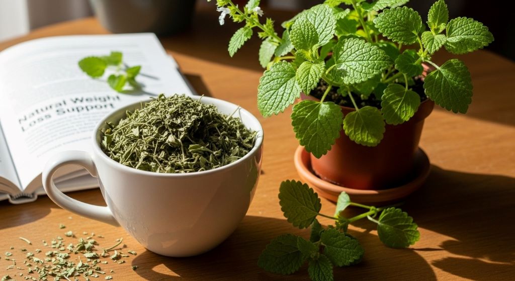 Dried lemon balm herb in a white ceramic cup next to fresh lemon balm plant for natural weight loss support
