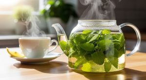 Fresh lemon balm leaves steeping in a clear glass teapot with hot water for metabolism-boosting herbal tea