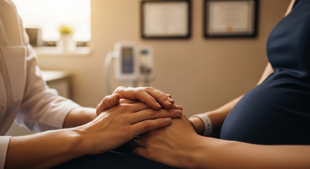Close-up of healthcare provider offering compassion during a genetic counseling session for a pregnant patient.