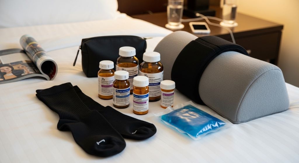 A travel recovery kit laid out on a bed, including compression socks, a wedge knee pillow, prescribed medication bottles, and a cold compress pack for post-surgery travel comfort