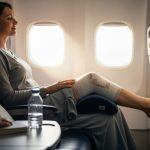 A person recovering from knee surgery seated comfortably on an airplane with a contoured pain relief pillow elevating their bandaged knee during a long flight