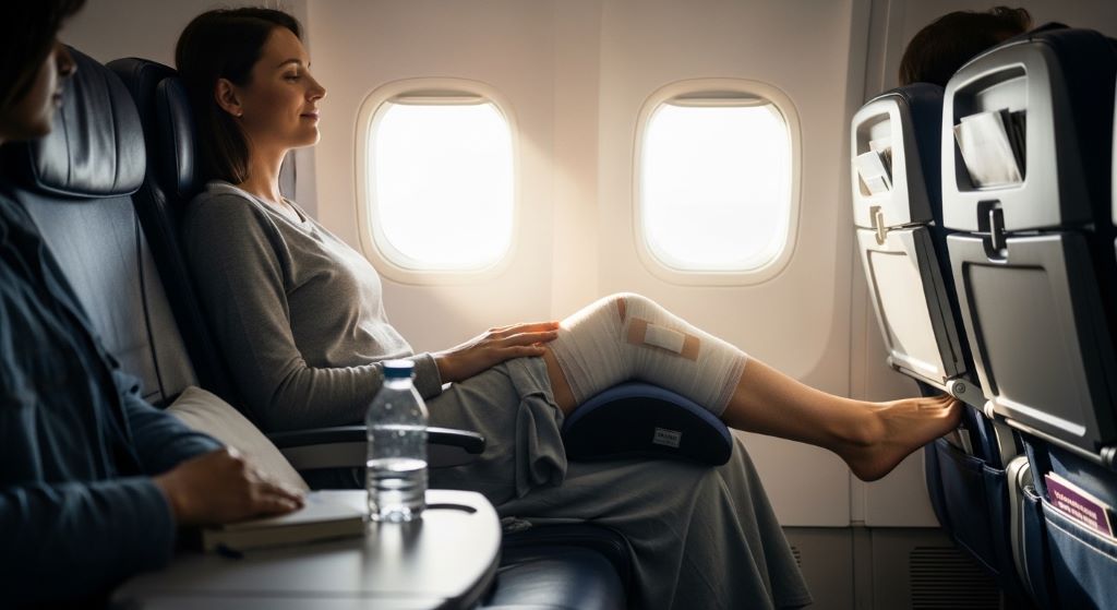 A person recovering from knee surgery seated comfortably on an airplane with a contoured pain relief pillow elevating their bandaged knee during a long flight