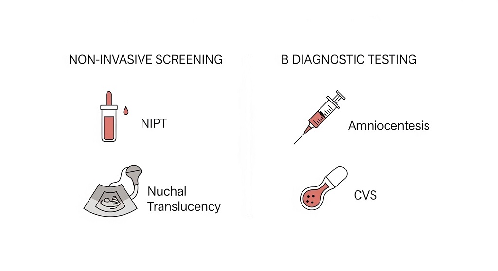 Infographic chart comparing non-invasive prenatal screening (NIPT, ultrasound) with invasive diagnostic testing (amniocentesis, CVS) during pregnancy.