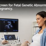 Pregnant woman smiling during a nuchal translucency ultrasound session with title: How to Screen for Fetal Genetic Abnormalities During Pregnancy.