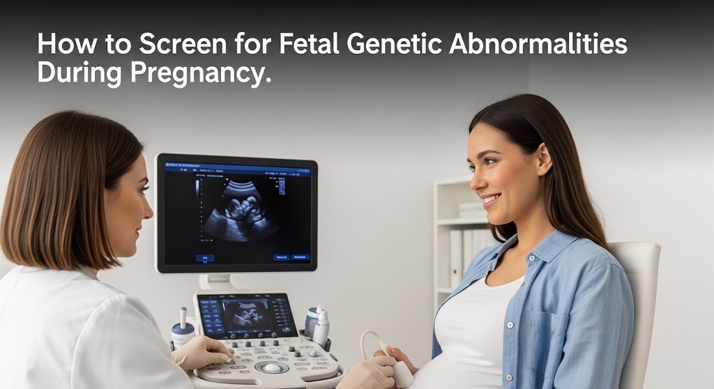 Pregnant woman smiling during a nuchal translucency ultrasound session with title: How to Screen for Fetal Genetic Abnormalities During Pregnancy.