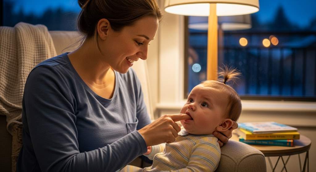Caregiver soothing teething baby during late-night fussiness in Portland OR