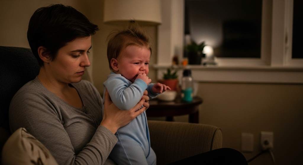Parent creating calming bedtime routine for teething baby