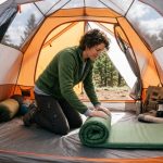 Cozy lit tent pitched under a starry night sky.